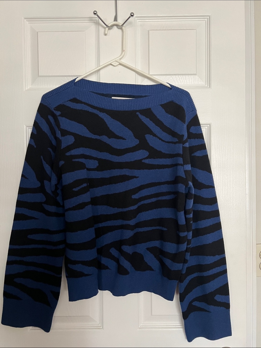LOFT Blue and Black Zebra-Pattern Crewneck Sweater
